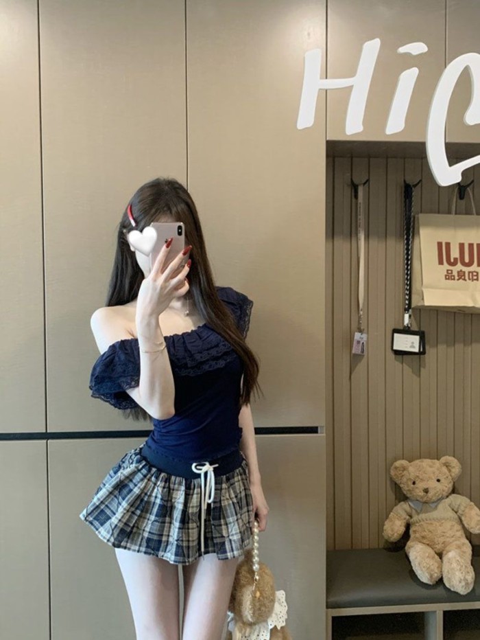 Pure Desire Hot Girl Áo thun trễ vai phối ren cho nữ mùa hè Áo ngắn trễ vai độc đáo và sang t