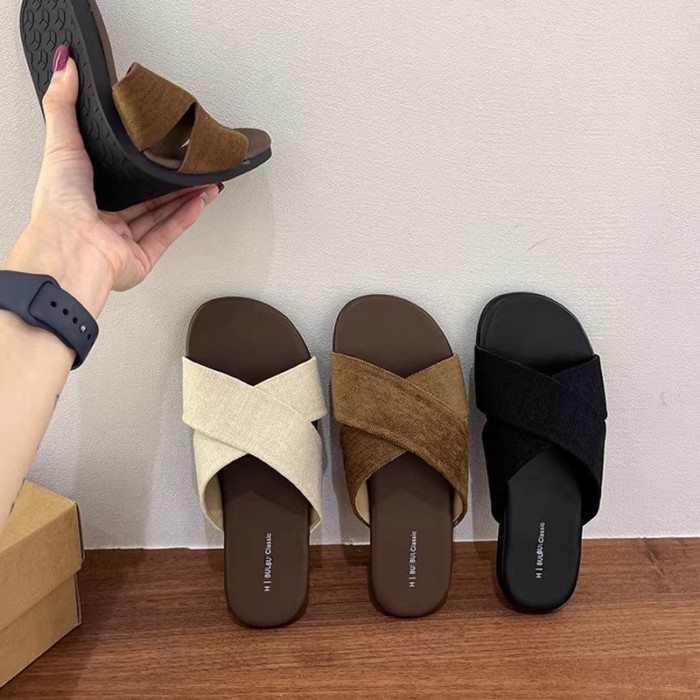 Dây Đeo chéo Dép Lanh Nữ Mùa Hè Áo khoác ngoài Retro Thường Ngày Kỳ Nghỉ Đi Biển Đế Bằng