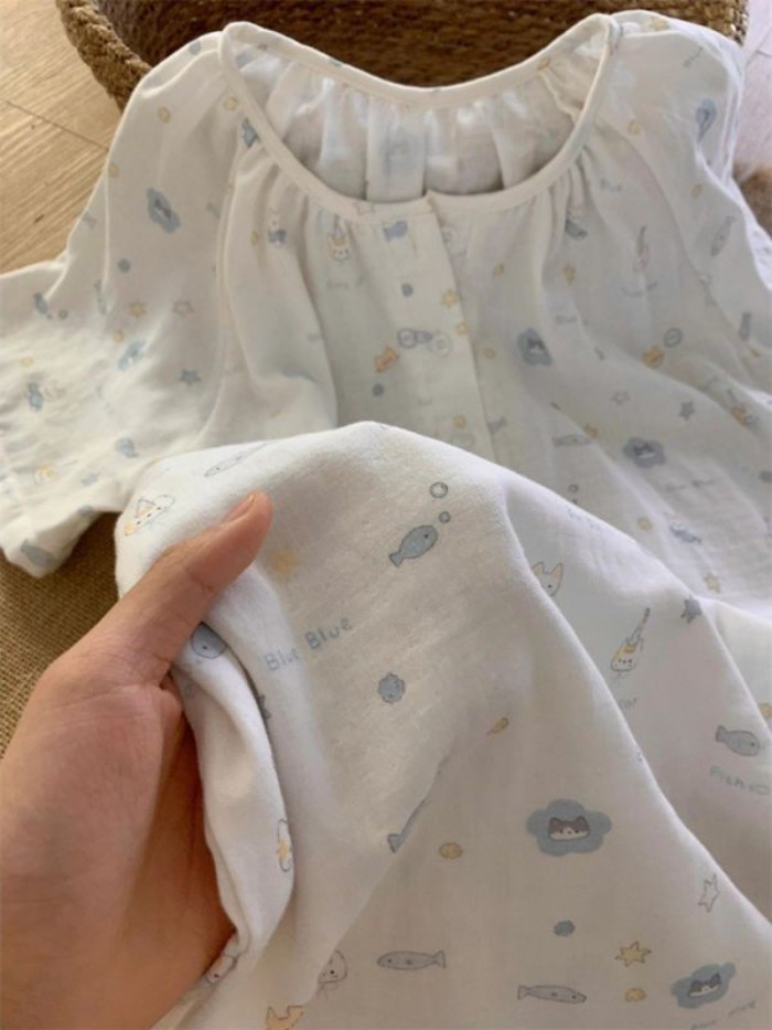 Cloud cotton gạc bộ đồ ngủ bong bóng cá nhỏ dễ thương dành cho nữ mùa hè mỏng tay ngắn dài vừ