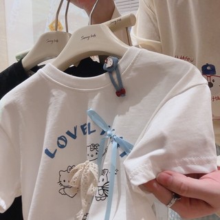 bé gái ngắn tay áo thun cotton nguyên chất cho bé gái nửa tay nơ mặc bên ngoài quần áo trẻ em ca