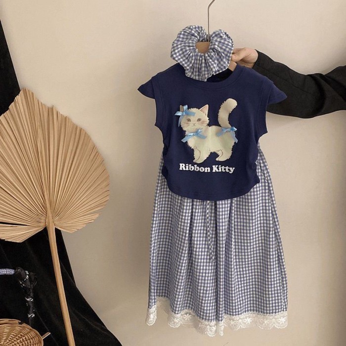 Bộ đồ quần ống rộng ren bé gái, in hình mèo kiểu mới cho trẻ em trung lớn, bộ hai mảnh thời