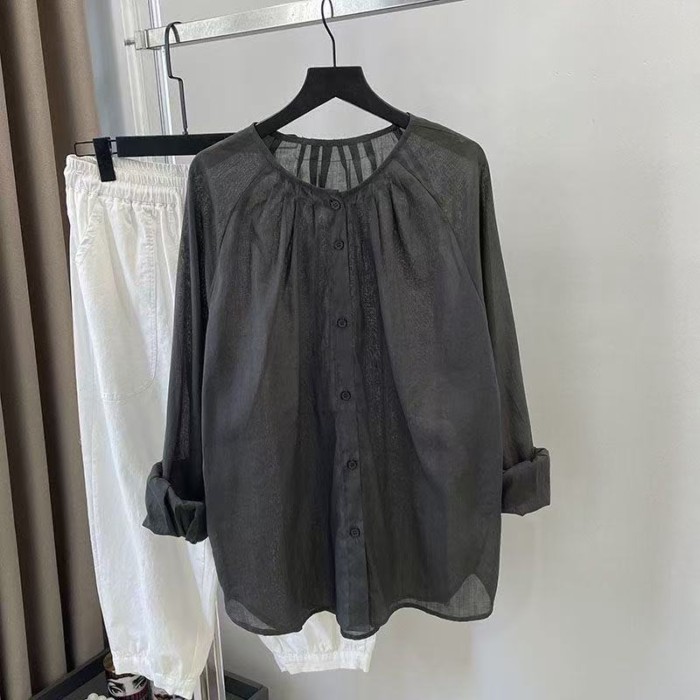 Áo sơ mi cotton và vải lanh nữ dài tay mùa hè mới cao cấp cổ tròn áo sơ mi màu xám nhẹ chống