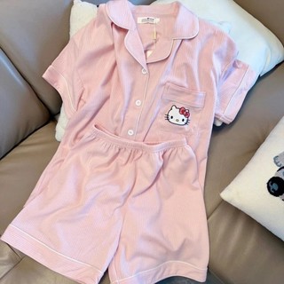 Bé Gái Phối Ren Mèo HelloKitty Ngắn Tay Cardigan Bộ Đồ Ngủ Mùa Hè Cô Bé Trẻ Em Phù Hợp Với Nhà Quần