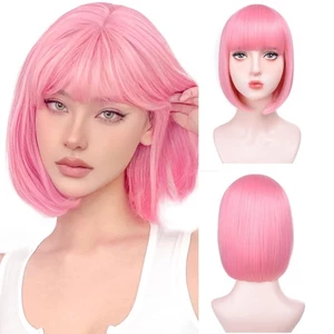 Thời Trang Nữ Trung Dài Màu Hồng Bob Đầu Tóc Giả Bao Air Bangs Full Head Cover Tự Nhiên Lông Tơ Thẳng Đầu Bao