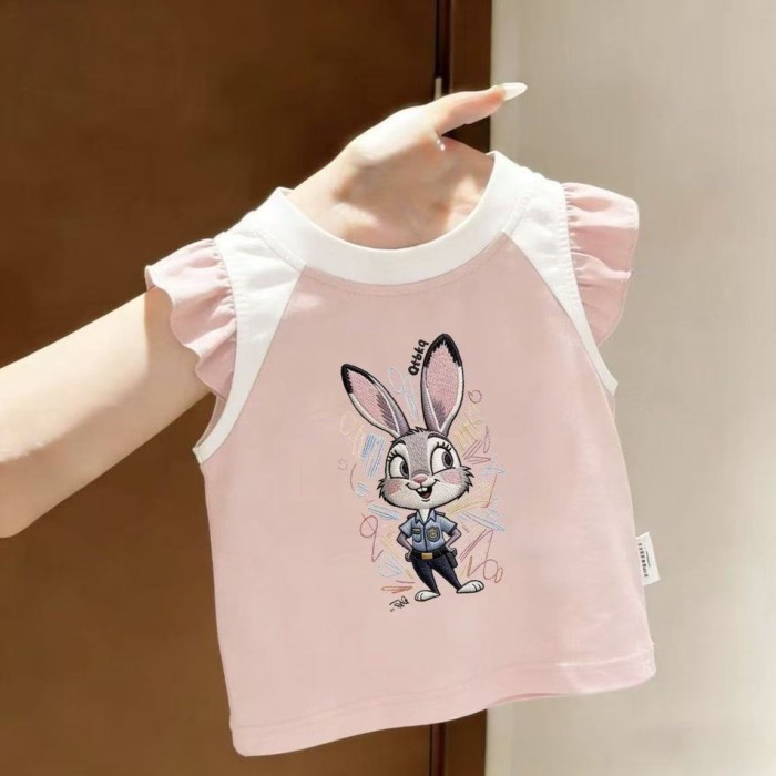 Summer New Style Girls Pure Cotton Cartoon Style T-shirt Children's Cute Sleeveless Printed V