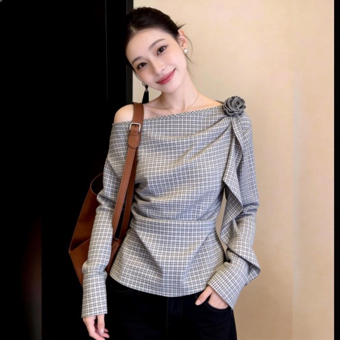 Thời trang Pháp nhẹ nhàng sang trọng áo sơ mi trễ vai kẻ sọc dài tay nữ đi làm dáng slim top mùa xu