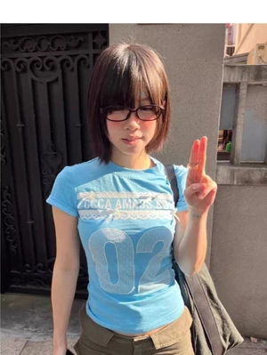 Nơ Retro Ren Dopamine Vai Xanh Dương Slim Fit Áo Ngắn Tay Kiểu Mỹ