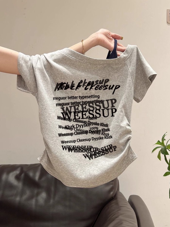 nguyên chất cotton vai xéo graffiti áo thun ngắn tay dành cho nữ mùa hè đa năng lộ thông thườ