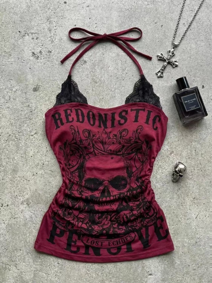 American Retro Skull Print Y2k Hot Girl Female Spring Halter Style Slim Temperament Little Pe