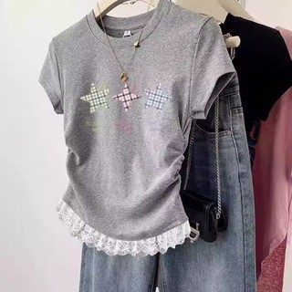 Áo thun thời trang bé gái thiết kế ngắn tay thích hợp ren bé gái thời trang thường ngày