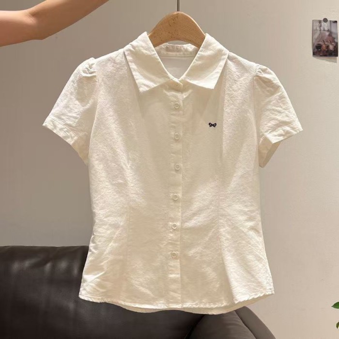 Áo sơ mi tay ngắn thiết kế thêu retro hàn quốc dành cho nữ, hốc cao cấp, áo độc và đẹp