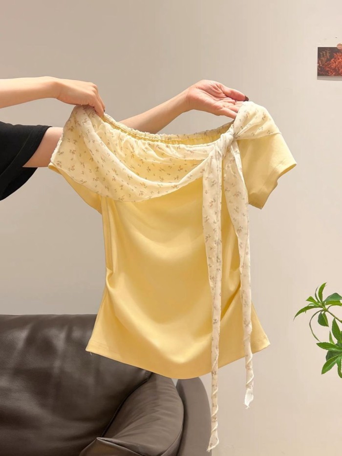 Áo thun ngắn tay phối ren phối lưới ngọt ngào mát mẻ dành cho nữ áo dây thắt lưng hoa độc đáo