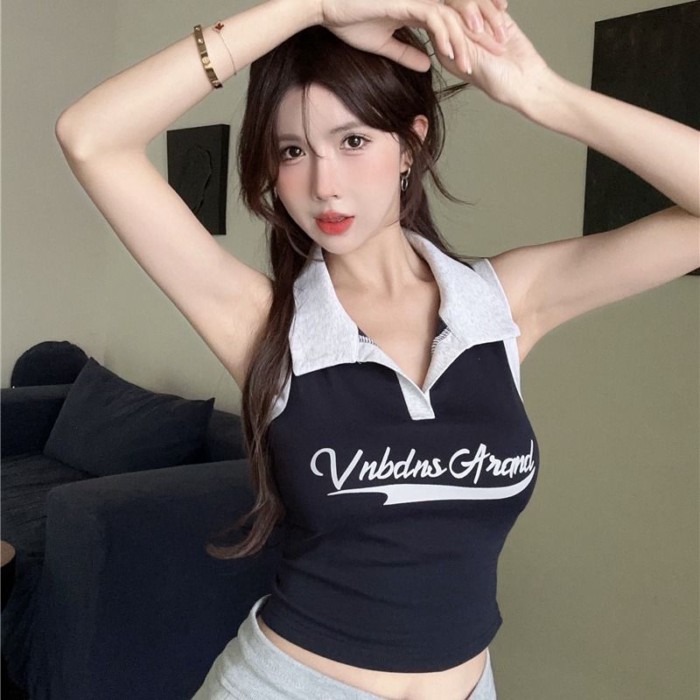Áo không tay cổ polo ngọt ngào phong cách retro Mỹ Áo yếm hở bụng độc đáo cho nữ mặc trong mùa h