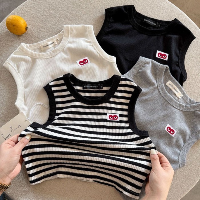 Áo vest trẻ em Áo thun không tay trẻ em love baby sọc áo vest nữ dáng chữ I phần mỏng