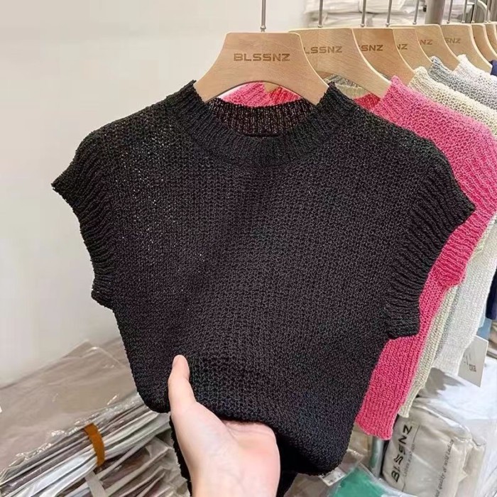 Áo thun mỏng dệt kim ngắn tay phong cách retro mùa hè mới dáng ôm rỗng áo ngắn đế trắng