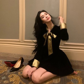 Dì Barbie Giáng Sinh Nhung Dài Tay Nữ Mùa Thu Đông Mới Sinh Nhật Đầm Pháp Hepburn Nhỏ đầm Màu Đe