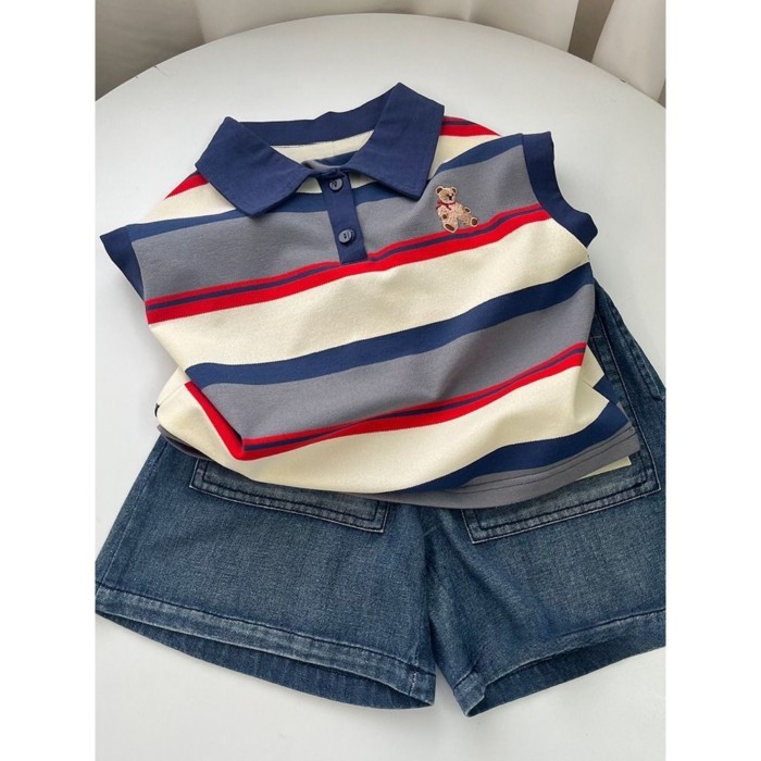 Áo vest polo trẻ em mới, thiết kế thêu gấu, áo thun không tay sọc cho bé trai và bé gái