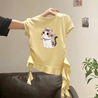 Bé gái cổ tròn, vai phải, áo thun ngắn tay kiểu dáng mùa hè, viền không đều, áo nhún bèo dáng ôm
