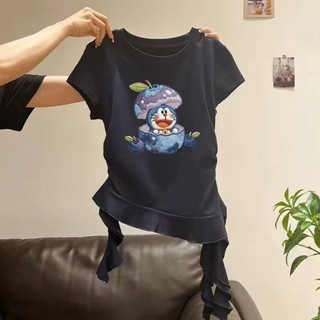 Bé gái cổ tròn, vai phải, áo thun ngắn tay kiểu dáng mùa hè, viền không đều, áo nhún bèo dáng ôm