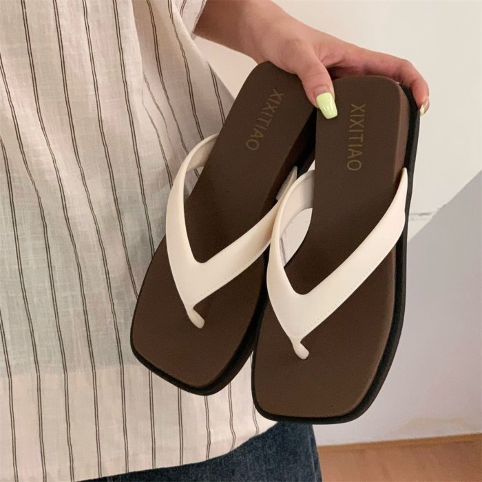 Outdoor Leisure Flip-flops For Women Summer Thick-soled Wedge Heels Retro Color Matching Seas