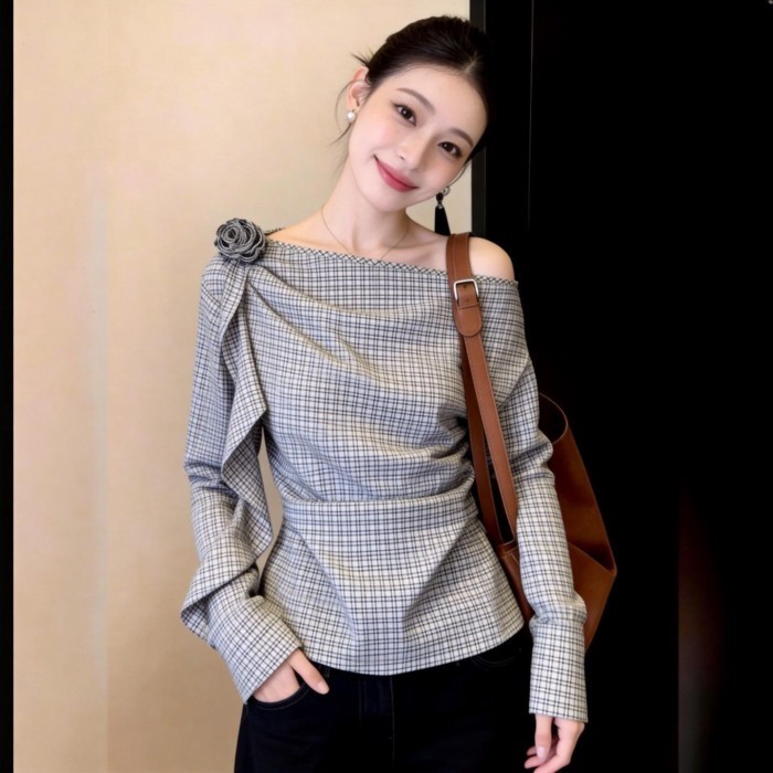 Thời trang Pháp nhẹ nhàng sang trọng áo sơ mi trễ vai kẻ sọc dài tay nữ đi làm dáng slim top mùa xu