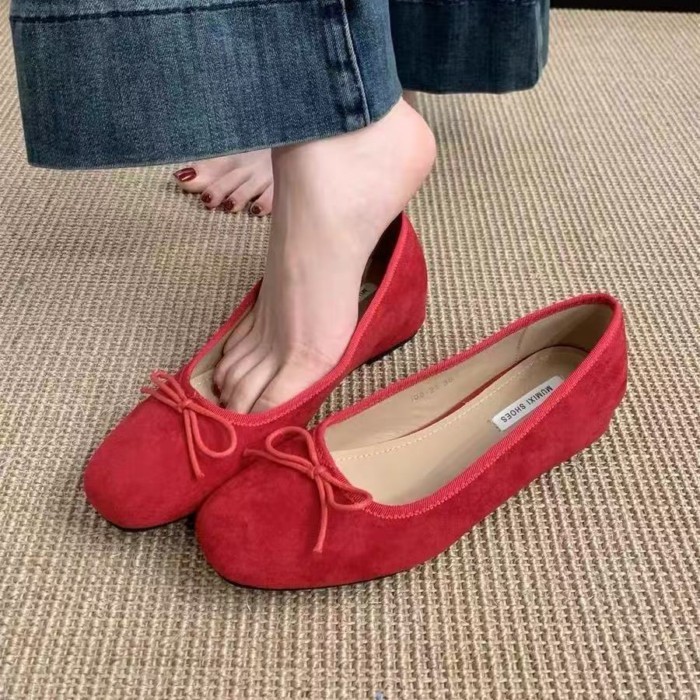 Giày múa ba lê da lộn nữ, giày dạ hội nơ đỏ cho nữ