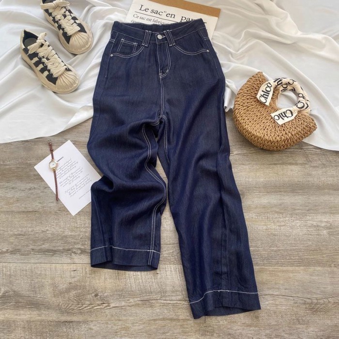 Quần jean ống rộng dành cho nữ mới cỡ lớn da thương hiệu thiết kế denim màu xanh lưng cao dài