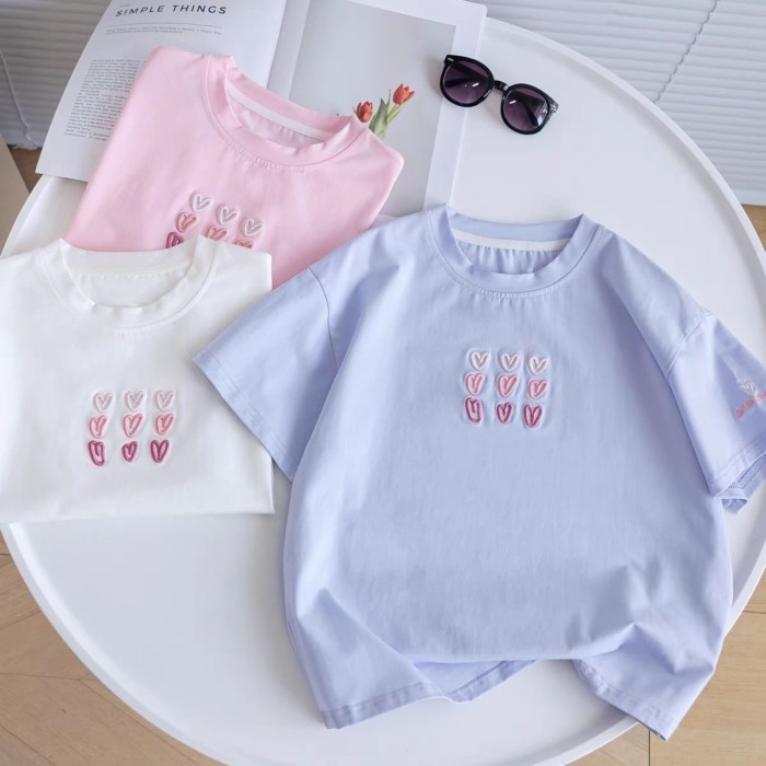 Áo thun ngắn tay  bé gái mùa hè mới kiểu cotton nguyên chất thêu áo dành cho trẻ lớn bé gái trẻ e