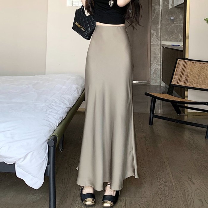 Váy nữ cao cấp, thanh lịch, dài vừa phải, cạp cao, che hông, xếp nếp Váy dài đuôi cá ôm hông chữ A