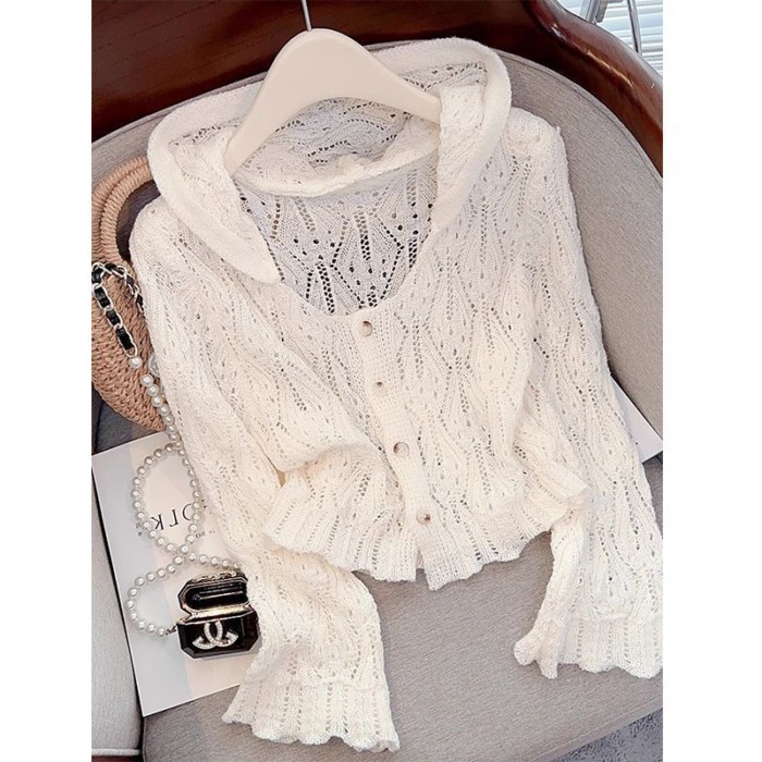 Mới ngắn phong cách có mũ trùm đầu mùa hè dài tay chống nắng mỏng rỗng dệt kim áo cardigan dệ
