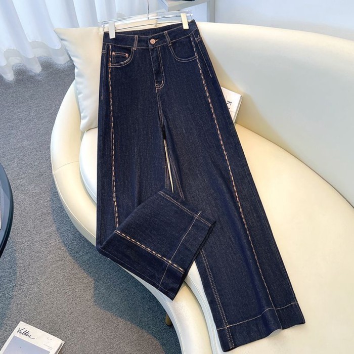 Quần jeans ống đứng màu xanh denim thêu nữ Quần ống rộng Quần chín điểm