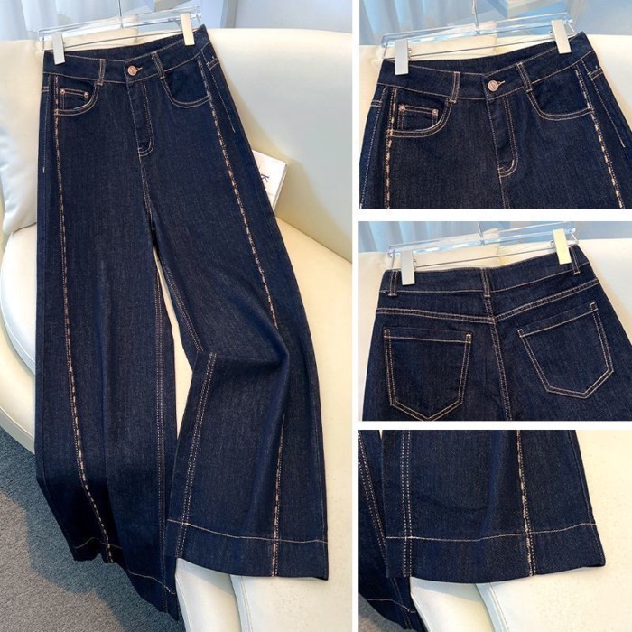 Quần jeans ống đứng màu xanh denim thêu nữ Quần ống rộng Quần chín điểm