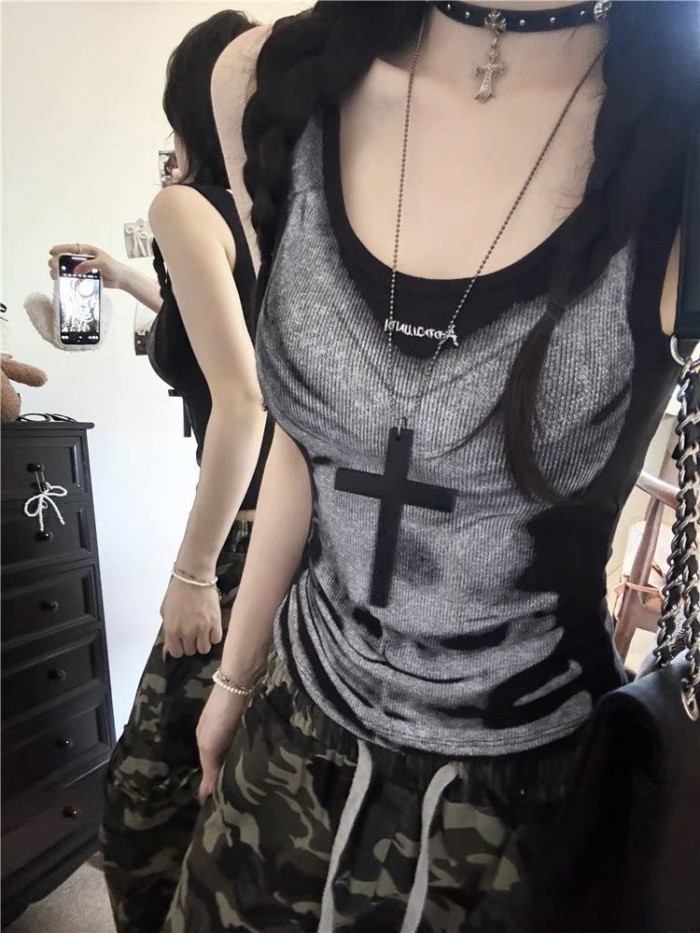 American Hot Girl Chic Camisole Women's New Summer Design Slim Personalized Printed Outer Shor