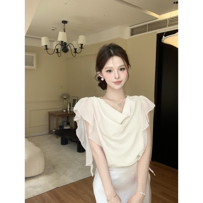 Áo sơ mi cổ xòe xòe ruy băng phong cách mùa hè Áo tay bay kiểu Pháp dành cho nữ