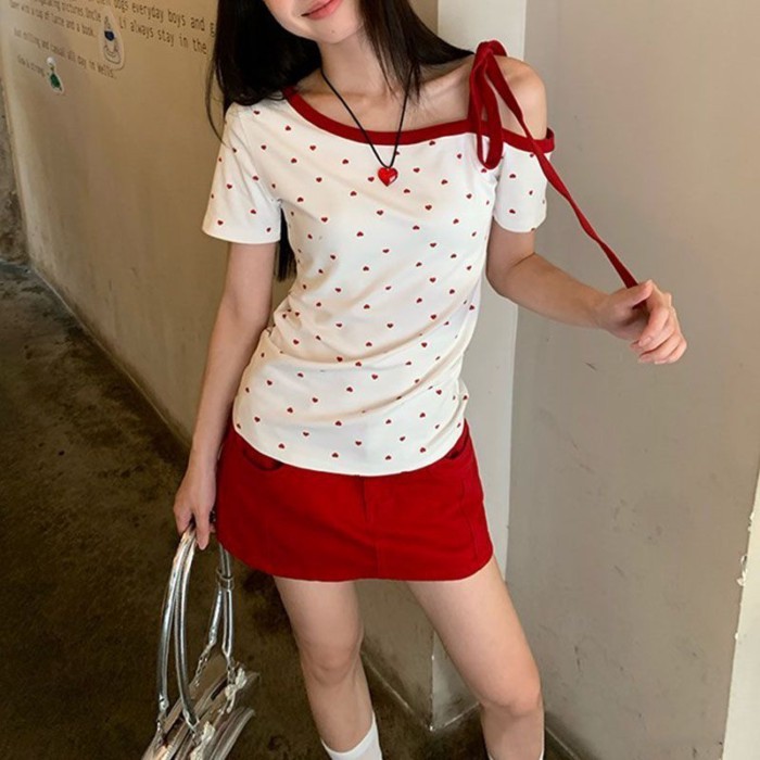 Korean Style Red Love Polka Dot Oblique Shoulder Off-shoulder Short-sleeved T-shirt For Women