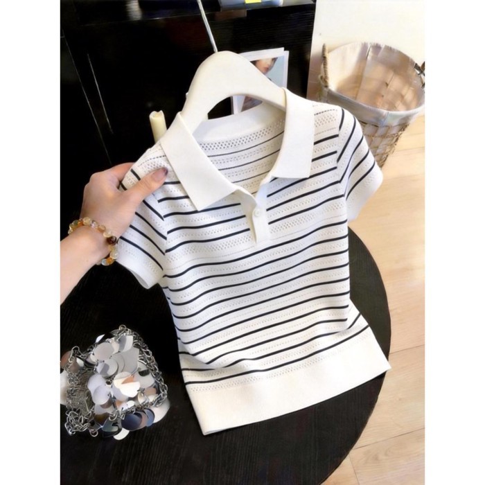 Áo len ngắn tay cổ POLO sọc sọc thời trang dành cho nữ mùa hè dáng ôm vừa vặn