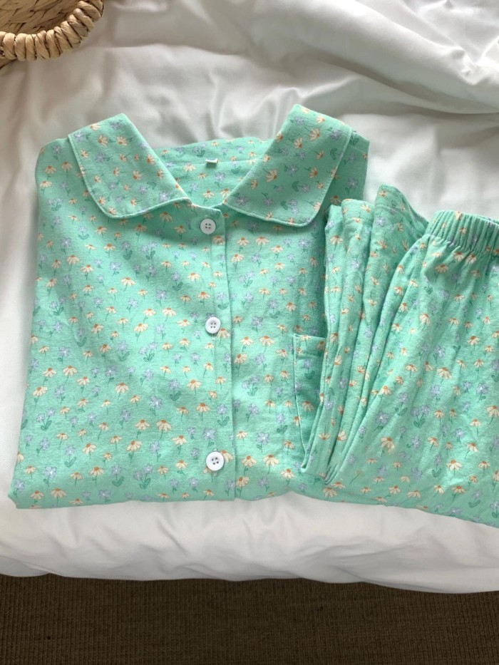 Retro Hoa Tươi Ngắn Tay Quần Short Bộ Đồ Ngủ Nữ Thích Hợp Ở Nhà Quần Áo Cotton Thoải Mái Bộ H