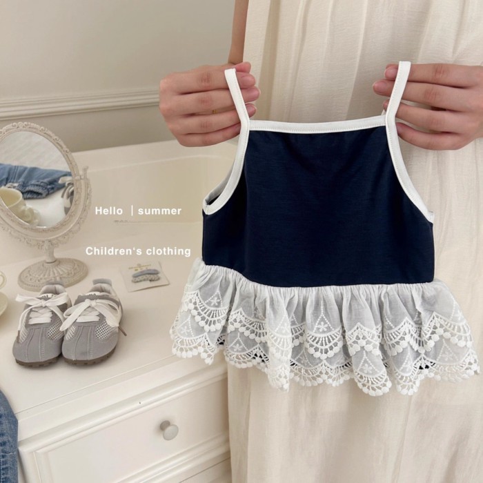 Áo camisole bé gái kiểu mới, áo không tay ren, áo trẻ em dễ thương màu xanh hải quân
