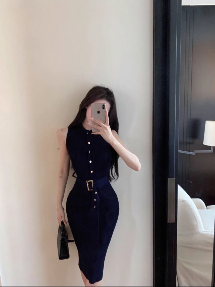 Váy dệt kim không tay váy xẻ eo thon gọn