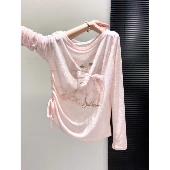 Áo thun tay dài in hình mèo dễ thương dành cho nữ thiết kế xếp ly áo chống nắng slim fit top