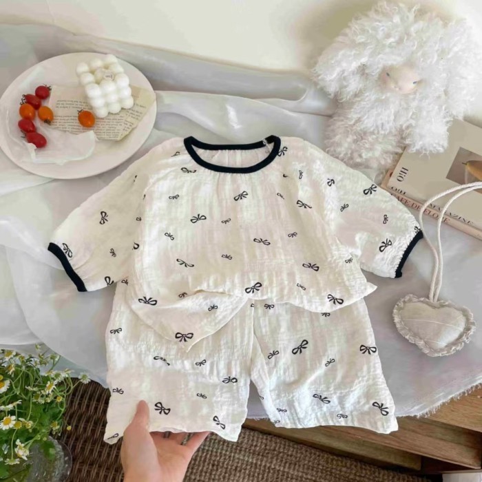 Bộ đồ mặc nhà cho trẻ em cổ áo thun ngắn tay quần short Bộ đồ ngủ hai mảnh thoáng khí
