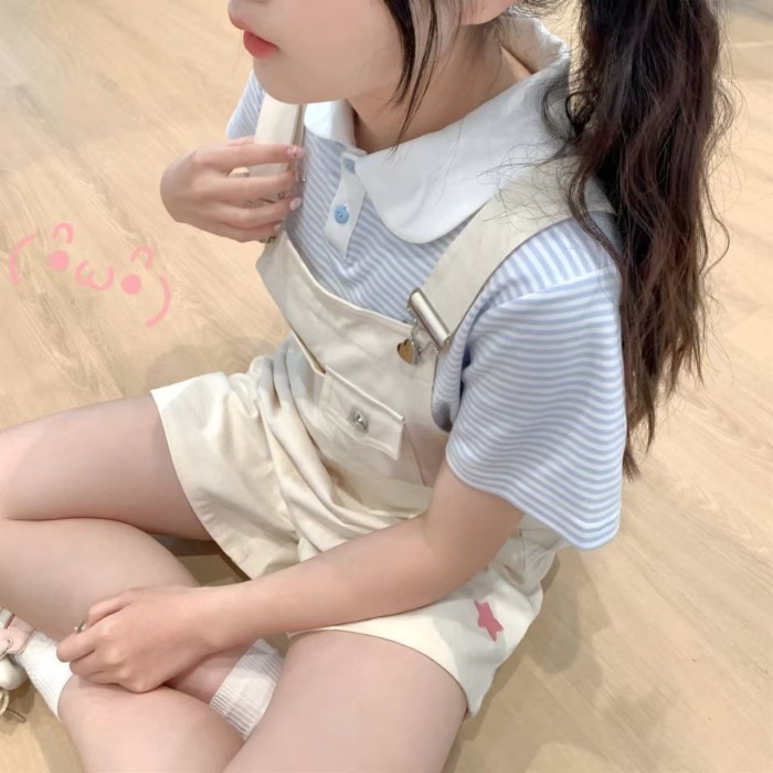 Children And Girls New Striped Polo Summer Short-sleeved Short T-shirt Sweet Top For Big Chil