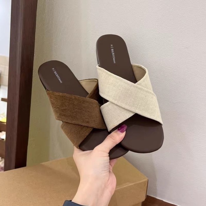 Dây Đeo chéo Dép Lanh Nữ Mùa Hè Áo khoác ngoài Retro Thường Ngày Kỳ Nghỉ Đi Biển Đế Bằng