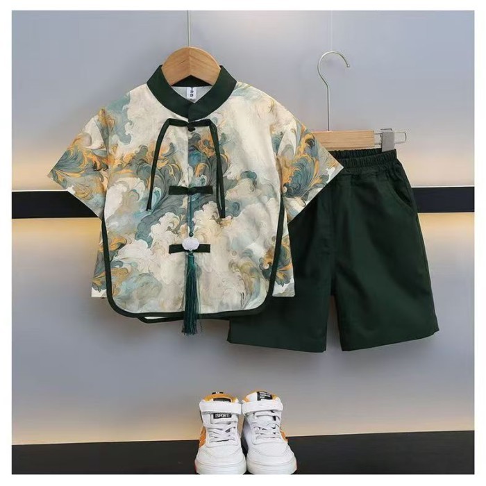 Bộ đồ hanfu bé trai mới Áo ngắn tay hai mảnh Phong cách đường phố Trung Hoa trẻ em