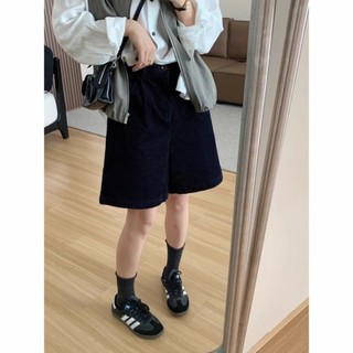 Quần short ống rộng bằng vải nhung cho nữ xuân thu phong cách mới lưng cao thon gọn chữ A quầ
