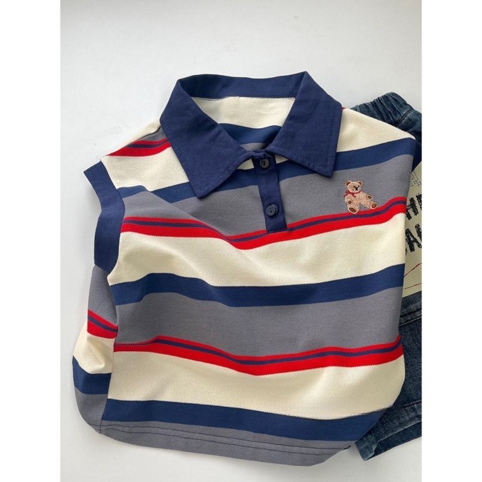 Áo vest polo trẻ em mới, thiết kế thêu gấu, áo thun không tay sọc cho bé trai và bé gái