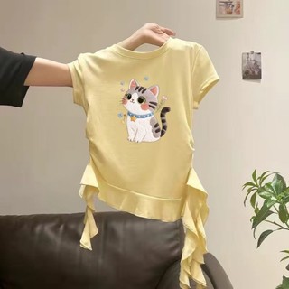 Bé gái cổ tròn, vai phải, áo thun ngắn tay kiểu dáng mùa hè, viền không đều, áo nhún bèo dáng ôm