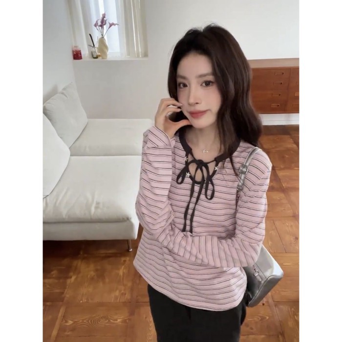Áo thun dài tay cổ tròn sọc hồng phong cách Hàn Quốc dành cho nữ dáng rộng lười áo sơ mi đáy