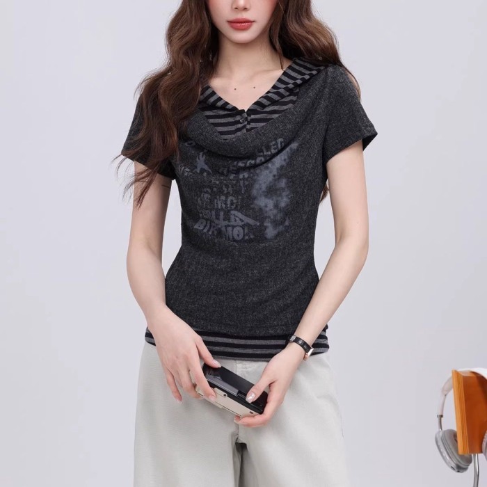 Áo thun hai mảnh có mũ trùm đầu giả hai mảnh ngắn tay kiểu cổ điển sọc nối
