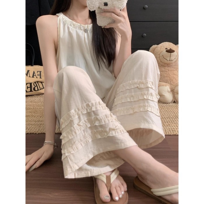 Quần ống rộng ren nấm mùa hè kiểu Hàn Quốc dành cho nữ Quần ống rộng vải lanh chín điểm lưng